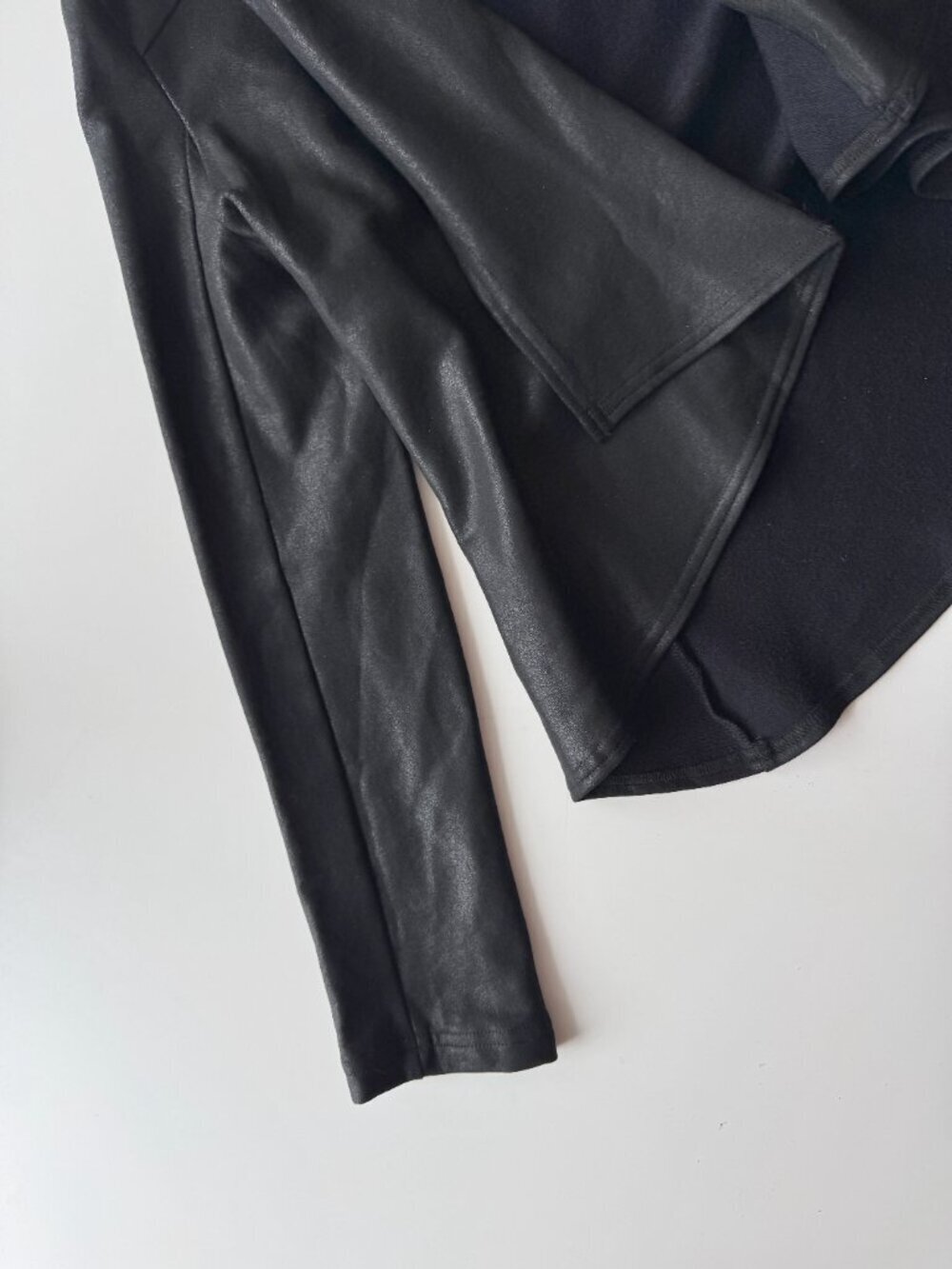 KRISA Black Coated Terry Faux Leather Open Drape Front Moto Jacket, Size S - Picture 10 of 16